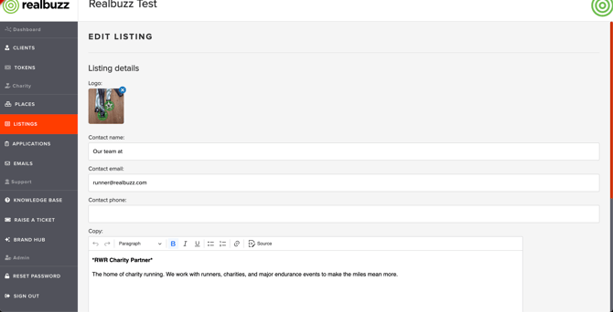 First section - editing a listing