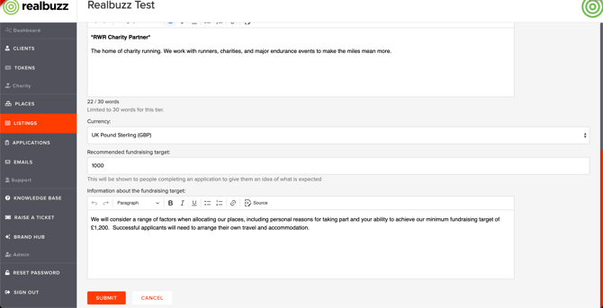 Second section - editing a listing